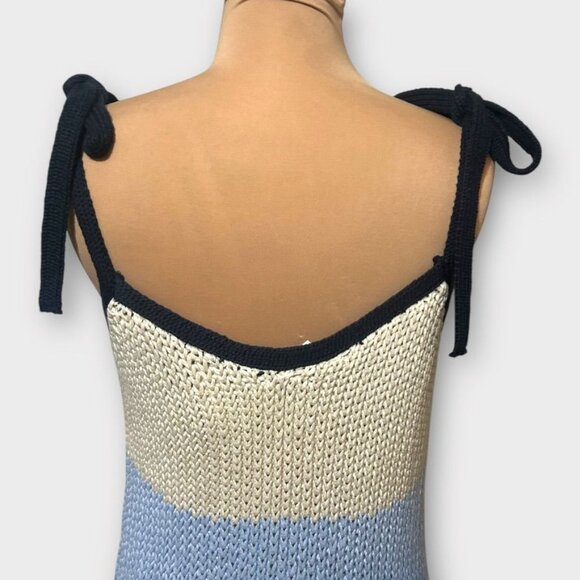 NWT Zara Knit Crochet Midi Dress M Color Block Cream Blue Bow NEW V Neck Bow - Picture 8 of 10